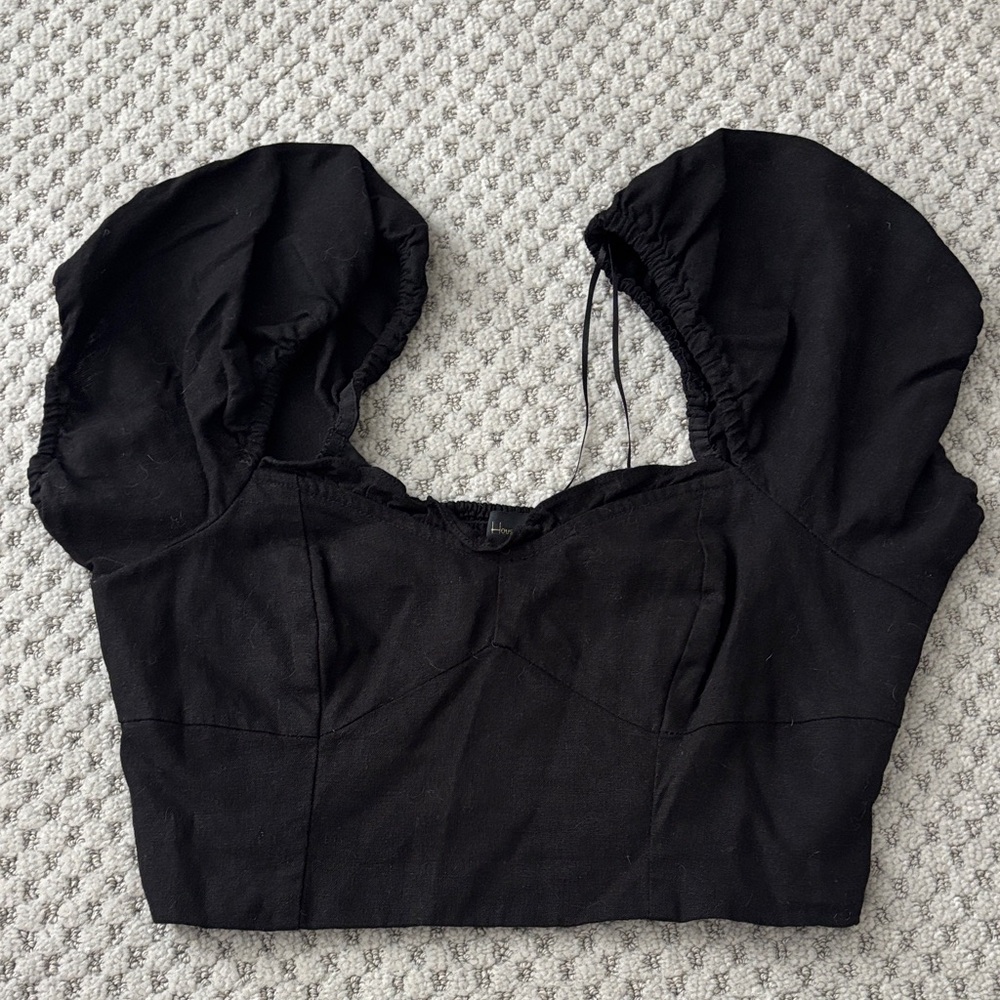 House of Harlow 1960 Black Puff Sleeve Crop Top